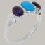 White Gold Natural Turquoise Amethyst Womens Trilogy Ring - Full 18k UK Hallmark Carousel 1