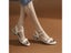Women Genuine Leather Sandals Low Heel Buckle Strap Open Toe Black Beige Metal Carousel 10