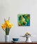Honey Bee Line Painting green gold art 25x25cm box canvas NZ artist J Stirling Carousel 1