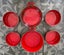 1960s Red Enamel Dinnerware: 4 Bowls, 1 Serving Bowl, Double Handled Sauté Pan Carousel 17