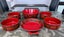 1960s Red Enamel Dinnerware: 4 Bowls, 1 Serving Bowl, Double Handled Sauté Pan Carousel 16