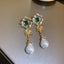Vintage Floral Drop Earrings – Elegant Gold with Green Crystal & Pearl Carousel 1