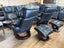 Pair of Regal Full Leather Stress-Free Recliners and Ottomans-Black Leather Carousel 19