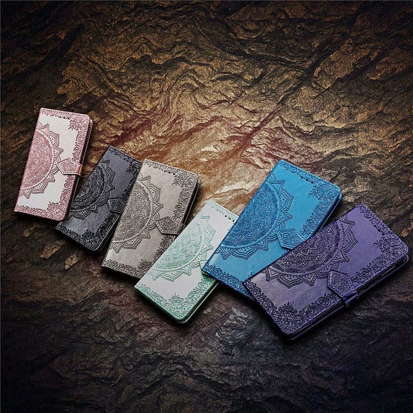 Alcatel 3V case leather wallet embossed mandala pattern grn Carousel 7