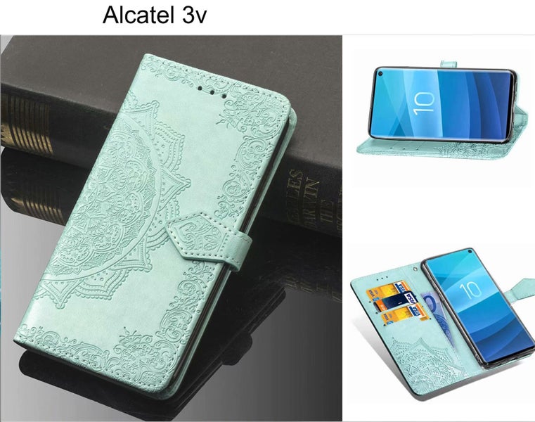 Alcatel 3V case leather wallet embossed mandala pattern grn Carousel 1