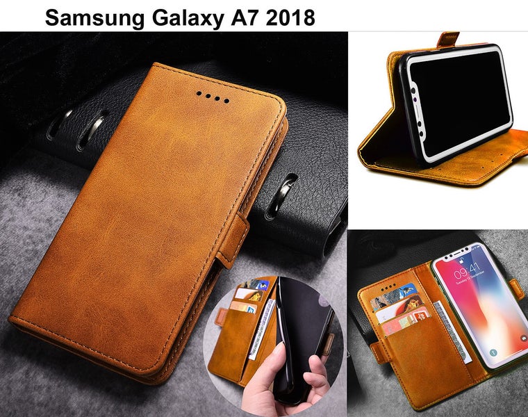 Galaxy A7 2018 a750 case leather wallet slim cow hide finish side magnet brn Carousel 1