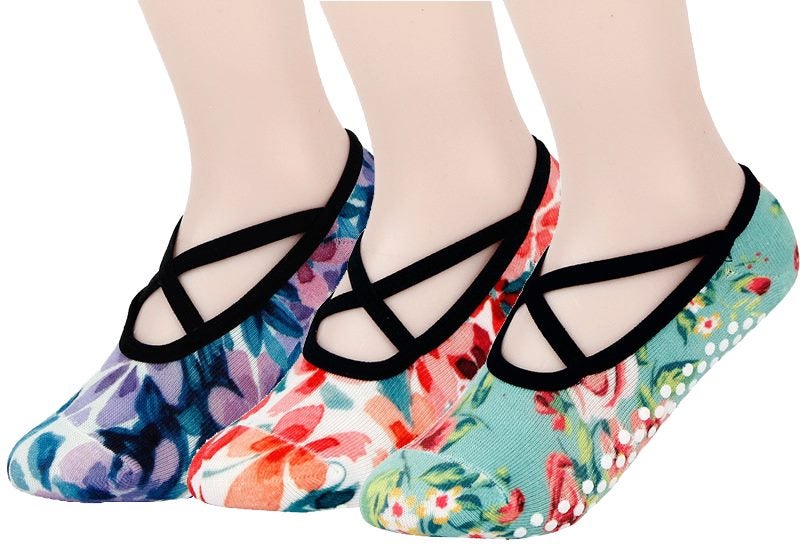 Clearance Sell - 3 Pairs Lace-up Printed Anti Slip Yoga Socks Carousel 1