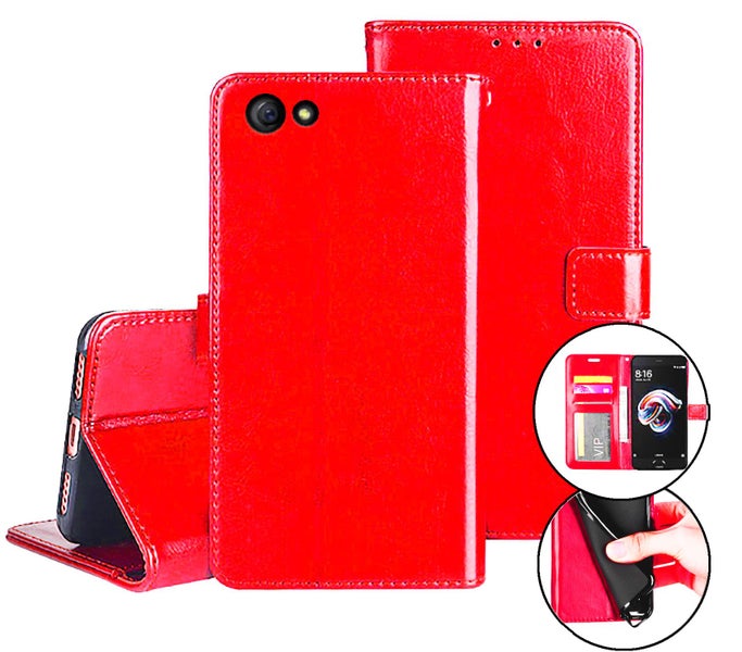 Oppo r9s case fine leather flip wallet 3 slots cash pocket (red) Carousel 1