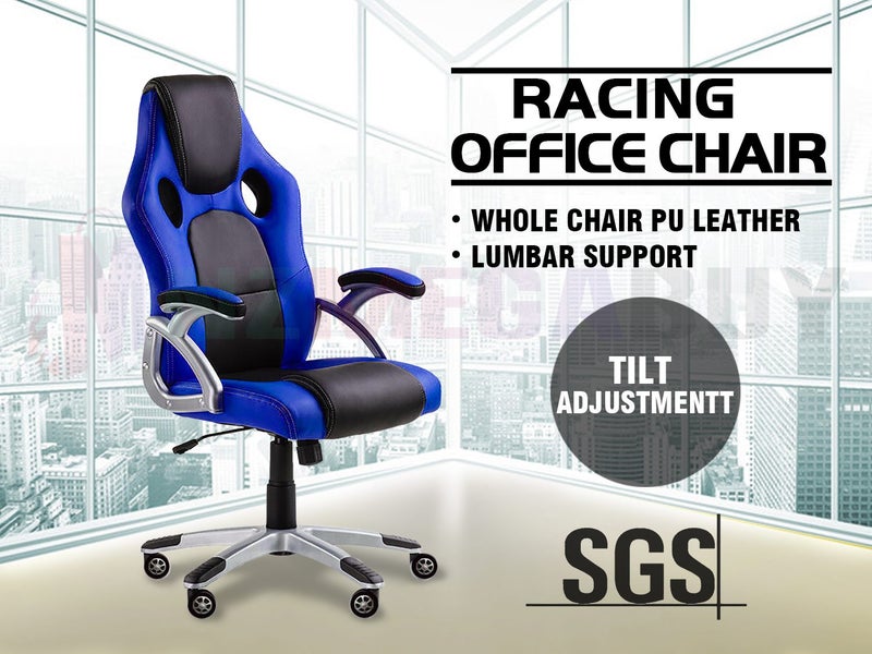 Racing Office Chair Seat Executive Computer Gaming Deluxe Pu Leather Blue