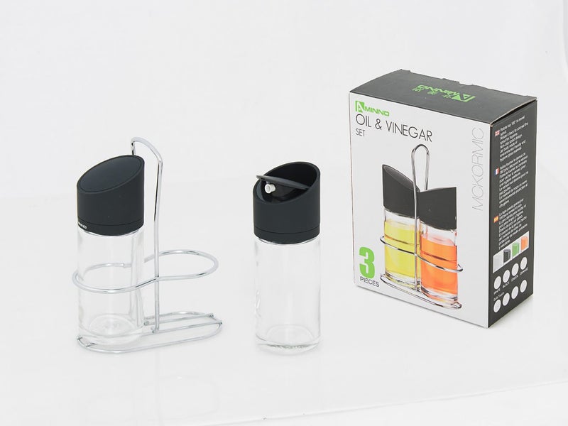 Oil & Vinegar Glass Jar Set Stainless Steel Rack 170ml Carousel 1