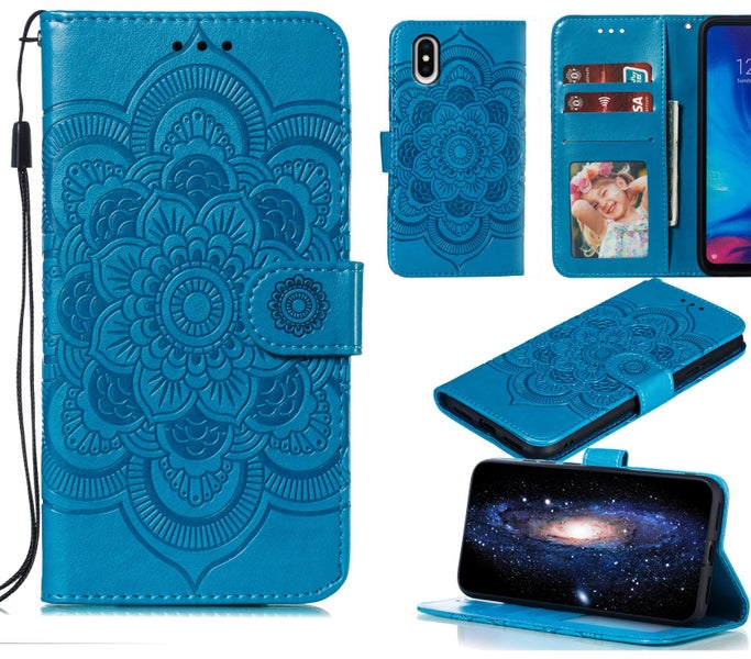 Iphone X / XS (5.8") PU leather wallet case embossed Mandala pattern (blue) Carousel 1