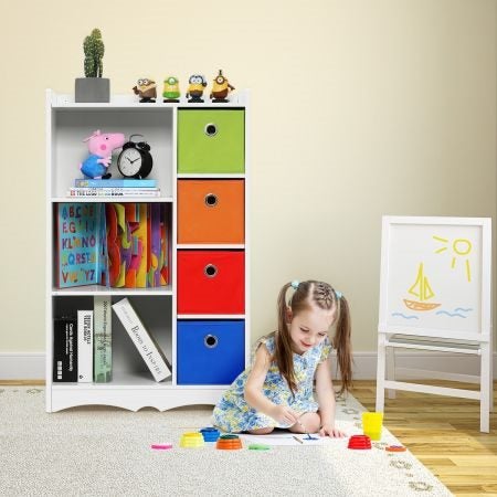 Kids Bookcase Bookshelf 7 Cube Cabinet Shelf 4 Bins Toy Storage