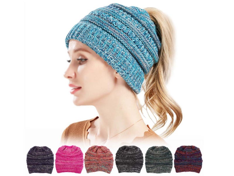 Beanie tail Messy Bun Ponytail Stretchy Knit Beanie Hat629317141368341118
