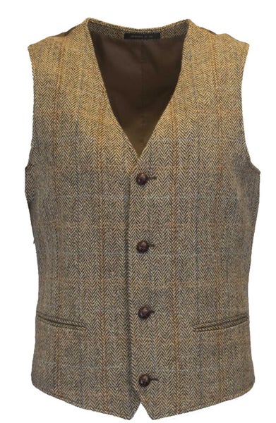 Men's Herringbone Overcheck Waistcoat - Harris Tweed - White Sand - 42 Carousel 1
