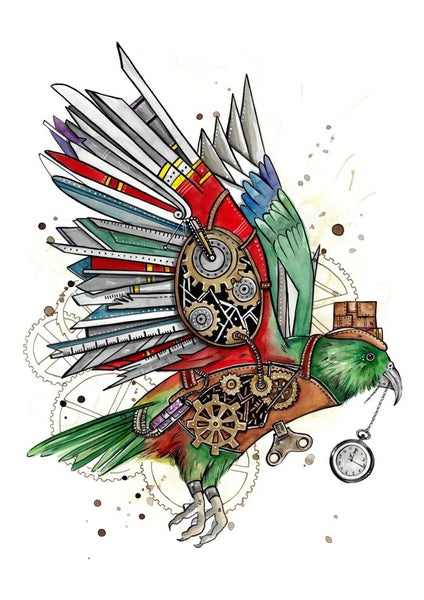 A3 Steampunk Kea Limited Edition Print by Fiona Clarke ART- NZ artist Carousel 1