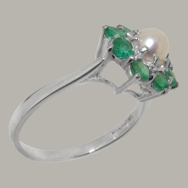 Real Solid 9ct White Gold Pearl & Emerald Womens Cluster Ring - Size N 1/2 Carousel 2