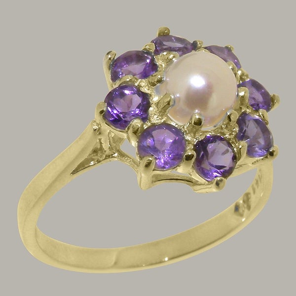 9ct Yellow Gold Cultured Pearl & Amethyst ring Womens Cluster Ring Size Y 1/2 Carousel 1