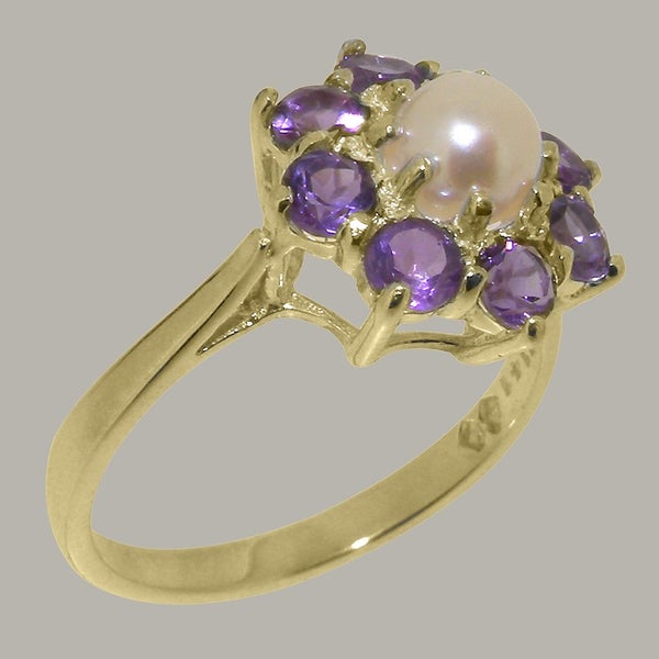 9ct Yellow Gold Cultured Pearl & Amethyst ring Womens Cluster Ring Size Y 1/2 Carousel 2