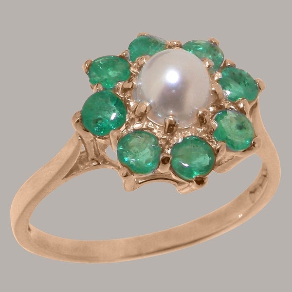 9ct Rose Gold Cultured Pearl & Emerald ring Womens Cluster Ring - Size Y 1/2 Carousel 1