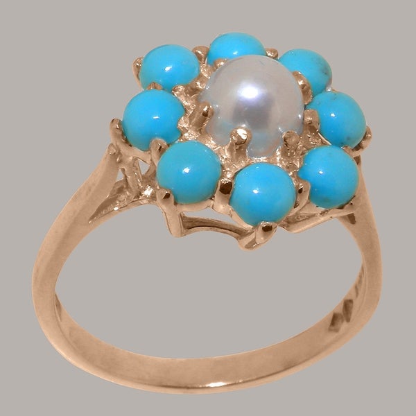 9ct Rose Gold Cultured Pearl & Turquoise ring Womens Cluster Ring - Size Y 1/2 Carousel 1