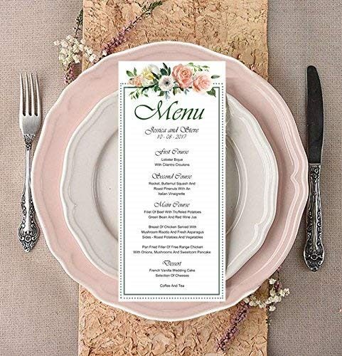 20 Wedding Menu Cards 9x4 Inches Custom Floral Dinner Menu