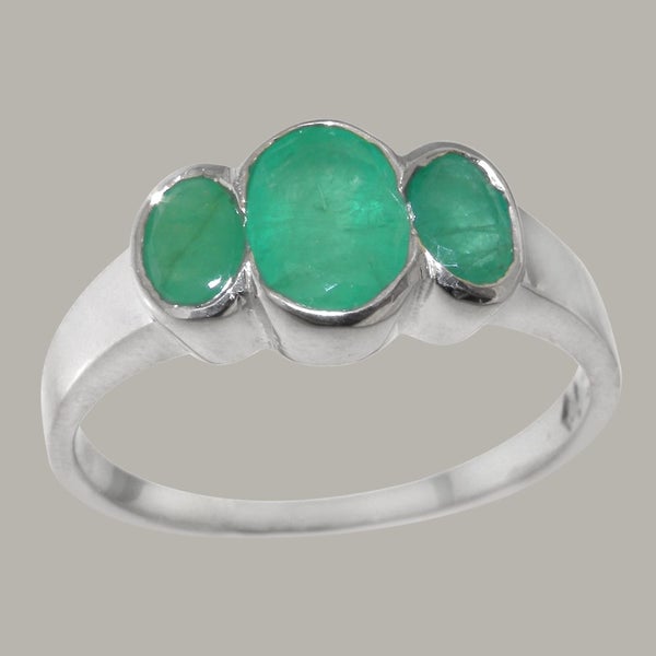 White Gold Natural Emerald Womens Trilogy Ring - Full 9ct UK Hallmark Carousel 1