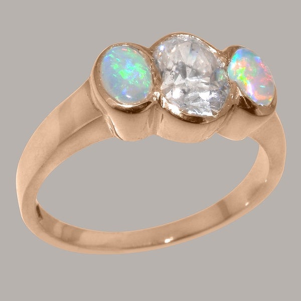 Rose Gold Cubic Zirconia, Opal Womens Trilogy Ring - Full 9ct UK Hallmark Carousel 1