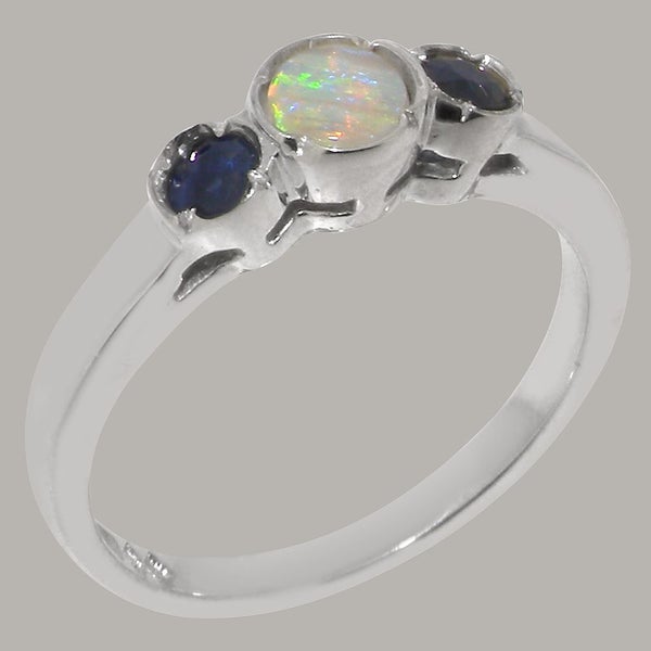 White Gold Natural Opal & Sapphire Womens Trilogy Ring - Full 9ct UK Hallmark Carousel 1