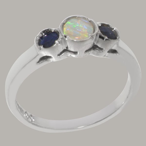 White Gold Natural Opal & Sapphire Womens Trilogy Ring - Full 9ct UK Hallmark Carousel 2
