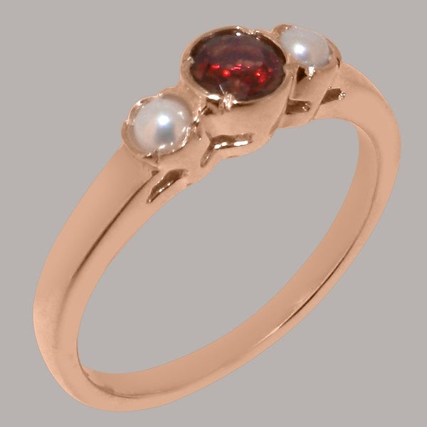 Rose Gold Natural Garnet & Pearl Womens Trilogy Ring - Full 9ct UK Hallmark Carousel 1