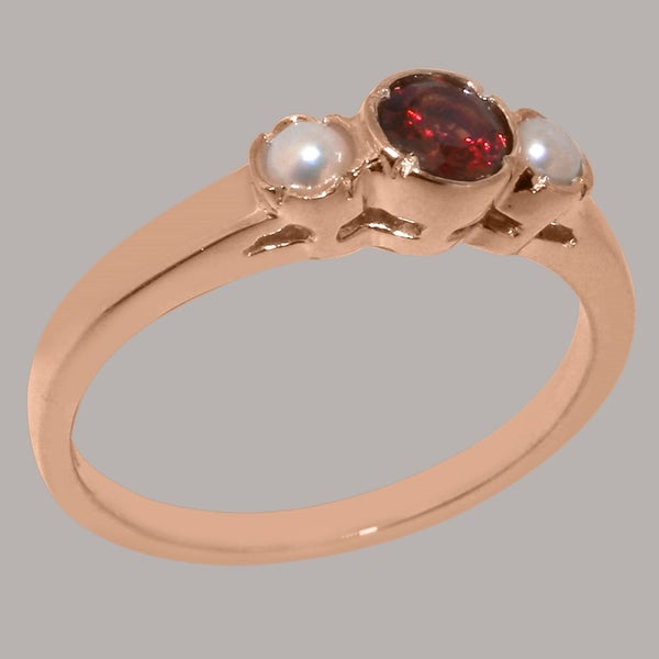Rose Gold Natural Garnet & Pearl Womens Trilogy Ring - Full 9ct UK Hallmark Carousel 2