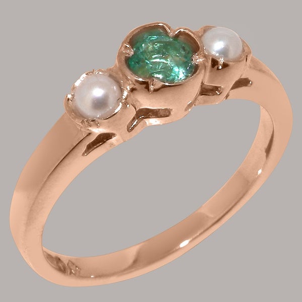 Rose Gold Natural Emerald & Pearl Womens Trilogy Ring - Full 9ct UK Hallmark Carousel 1