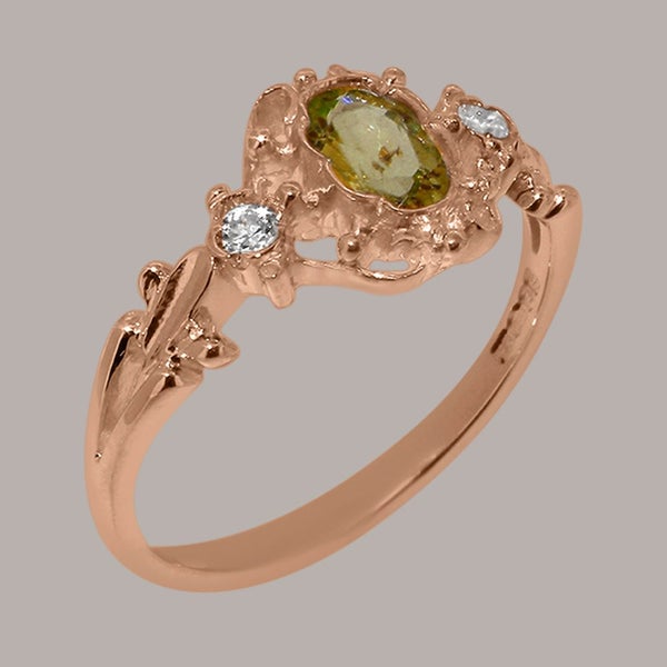 Rose Gold Peridot & Diamond Womens Trilogy Ring - Full 14ct Gold UK Hallmark Carousel 1