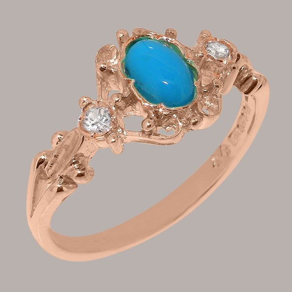 Rose Gold Turquoise & Diamond Womens Trilogy Ring - Full 14ct Gold UK Hallmark Carousel 1