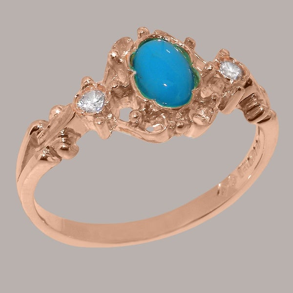 Rose Gold Turquoise & Diamond Womens Trilogy Ring - Full 14ct Gold UK Hallmark Carousel 2