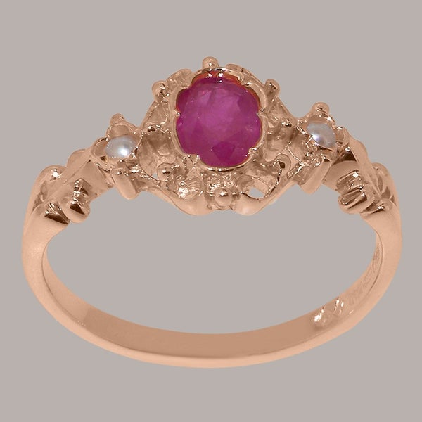 Rose Gold Natural Ruby & Pearl Womens Trilogy Ring - Full 14ct Gold UK Hallmark Carousel 2