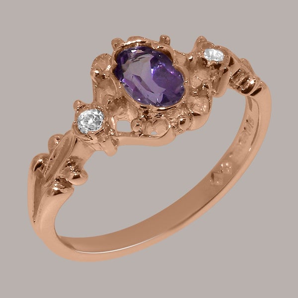 Rose Gold Natural Amethyst & Diamond Womens Trilogy Ring - Full 9ct UK Hallmark Carousel 1