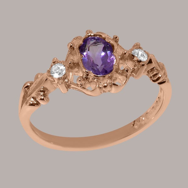 Rose Gold Natural Amethyst & Diamond Womens Trilogy Ring - Full 9ct UK Hallmark Carousel 2