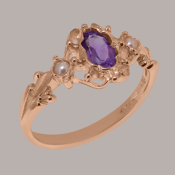 Rose Gold Amethyst & Pearl Womens Trilogy Ring - Full 14ct Gold UK Hallmark Carousel 1