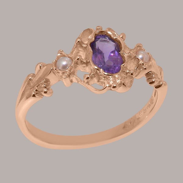 Rose Gold Amethyst & Pearl Womens Trilogy Ring - Full 14ct Gold UK Hallmark Carousel 2