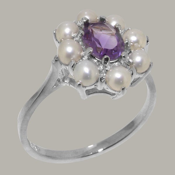 White Gold Natural Amethyst & Pearl Womens Cluster Ring - Full 9ct UK Hallmark Carousel 1