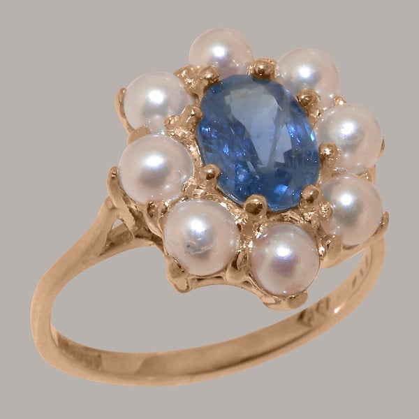 Rose Gold Real Sapphire & Pearl Womens Cluster Ring - Full 14ct Gold UK Hallmark Carousel 1