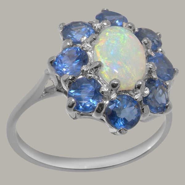 Solid Silver Natural Opal & Sapphire Womens Cluster Ring - Full 925 UK Hallmark Carousel 2