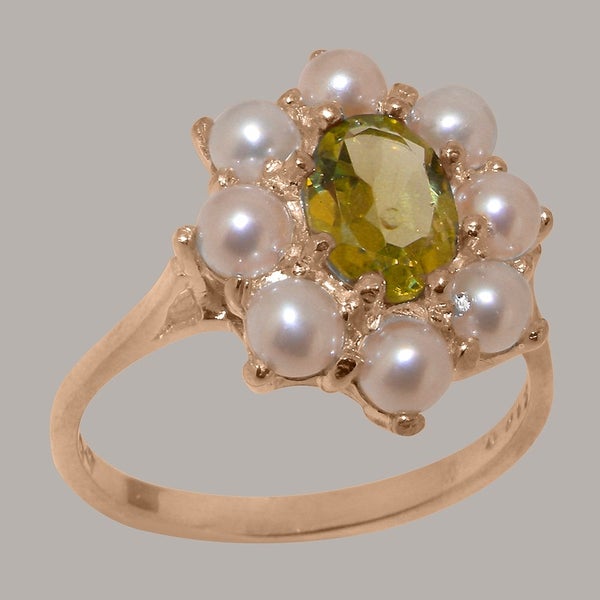 Rose Gold Real Peridot & Pearl Womens Cluster Ring - Full 14ct Gold UK Hallmark Carousel 1