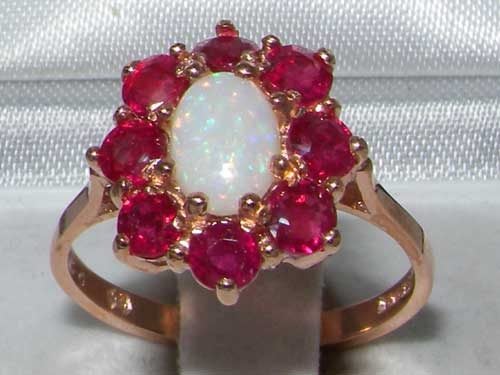 Rose Gold Natural Opal & Ruby Womens Cluster Ring - Full 14ct Gold UK Hallmark Carousel 1
