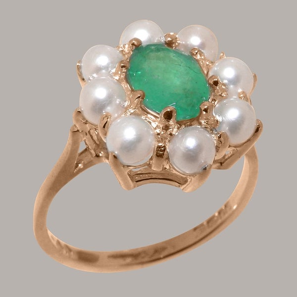 Rose Gold Real Emerald & Pearl Womens Cluster Ring - Full 14ct Gold UK Hallmark Carousel 1