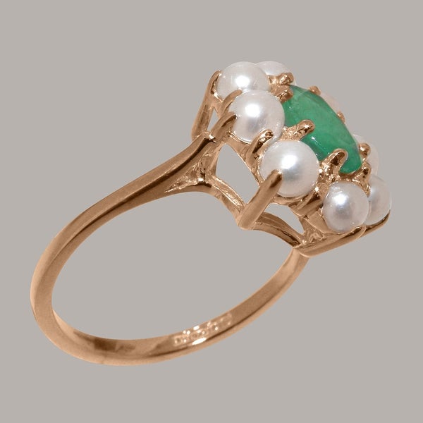 Rose Gold Real Emerald & Pearl Womens Cluster Ring - Full 14ct Gold UK Hallmark Carousel 2