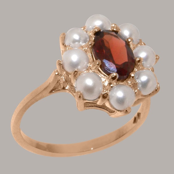 Rose Gold Real Garnet & Pearl Womens Cluster Ring - Full 10ct Gold UK Hallmark Carousel 1