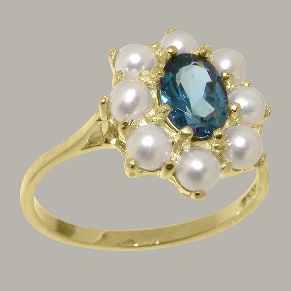 Gold London Blue Topaz & Pearl Womens Cluster Ring - Full 14ct Gold UK Hallmark Carousel 1