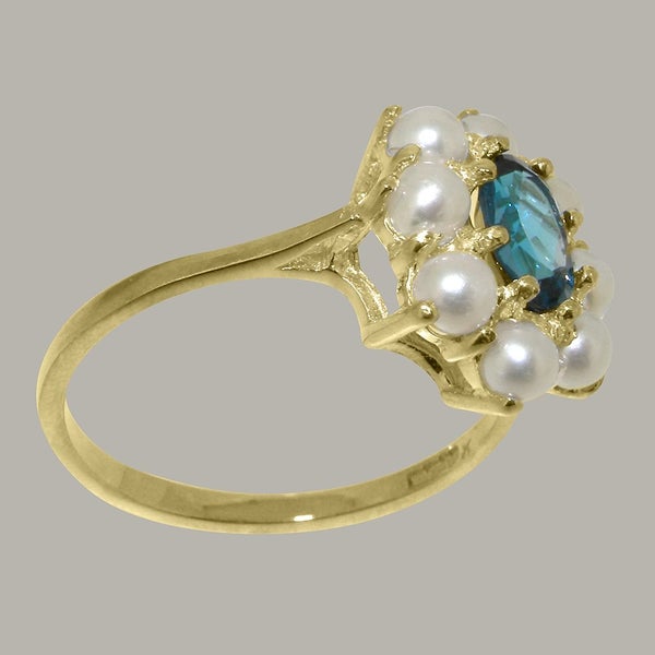 Gold London Blue Topaz & Pearl Womens Cluster Ring - Full 14ct Gold UK Hallmark Carousel 2